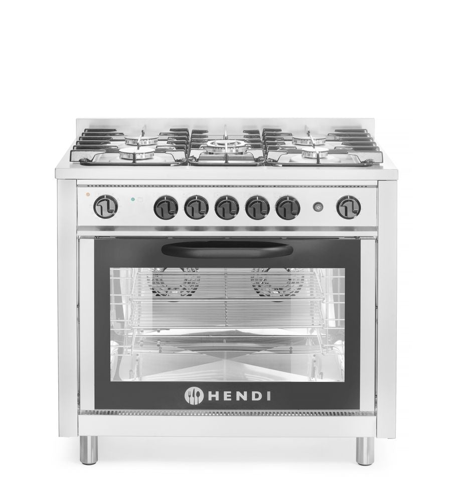 Cuisinière à gaz - 5 feux avec four électrique, HENDI, Kitchen Line, Argent, 230V/2900W, 14,3kW, 900x653x(H)900mm