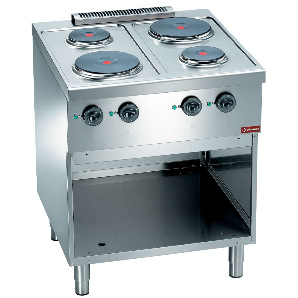 Cuisinière électrique, 4 assiettes rondes, sur un placard