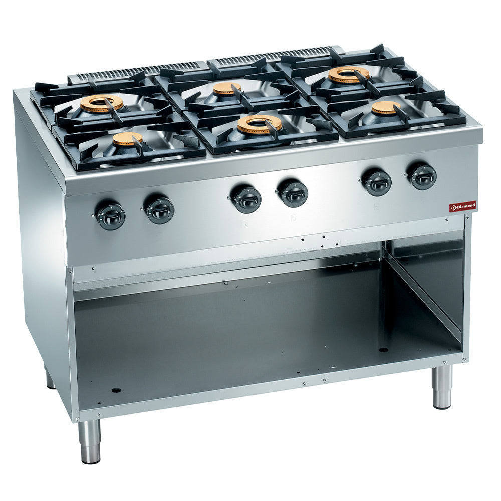 Cuisinière à gaz 6 brûleurs, sur placard ouvert