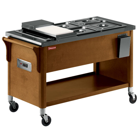 Chariot en bois, plateau bain marie 3x GN 1/1