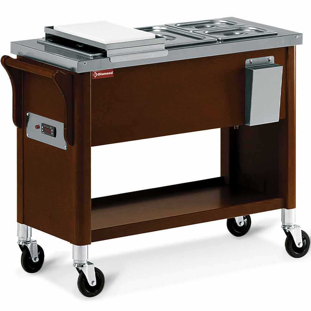 Chariot en bois, plateau bain marie 3x GN 1/2