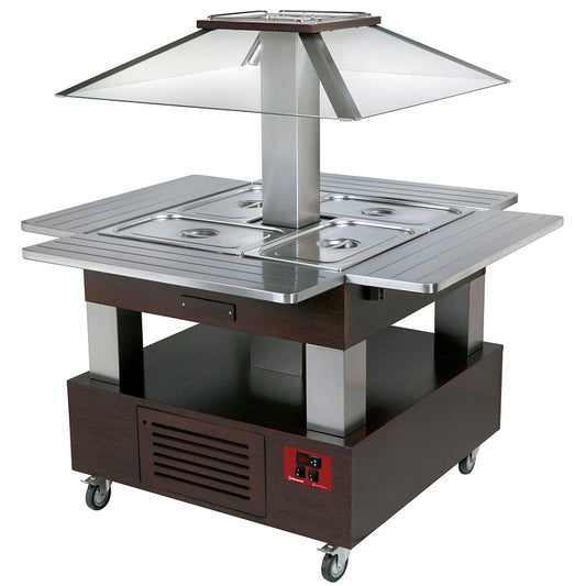 Buffet chaud en bain-marie îlot, toit motorisé 4x GN1/1-150 (bois blanc)