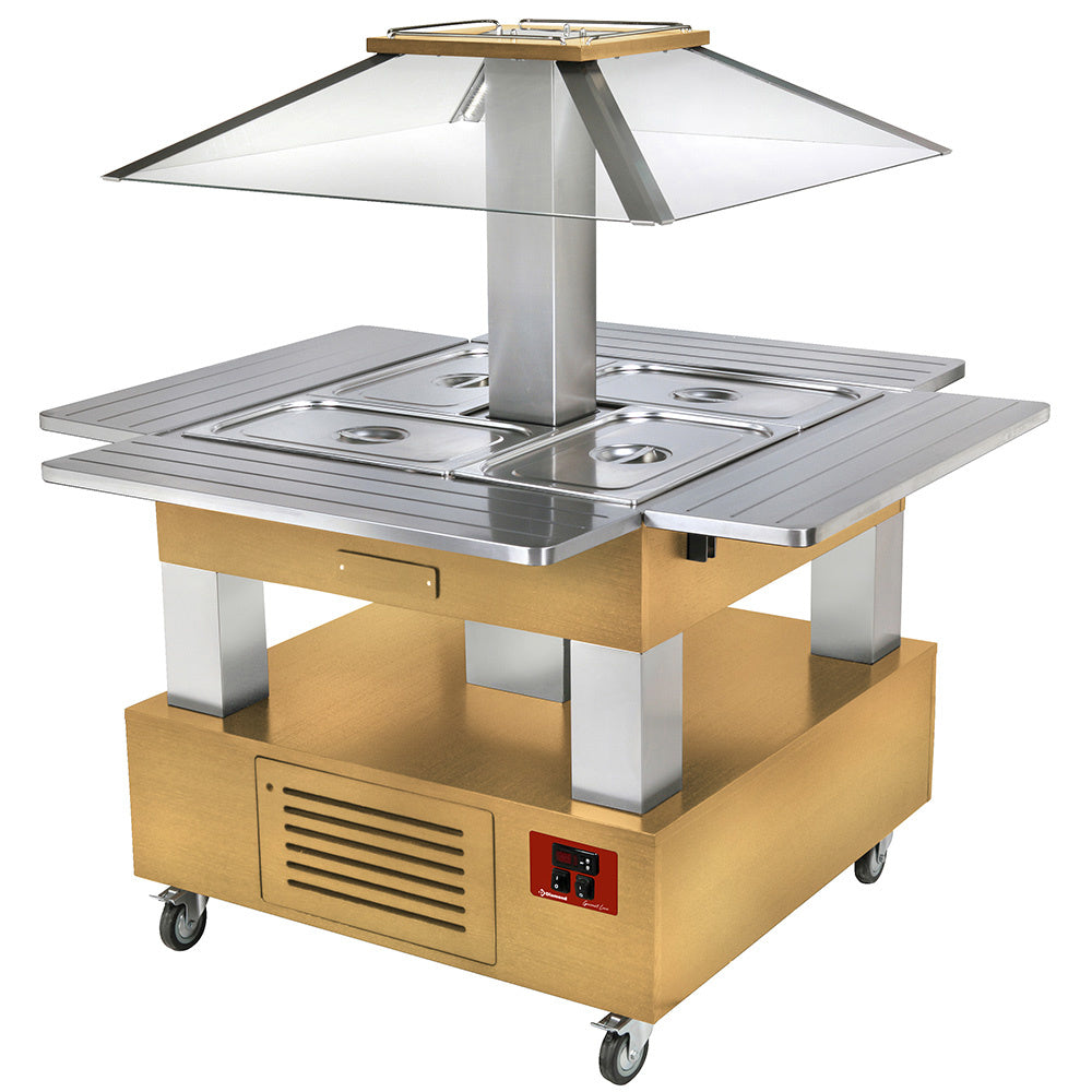 Buffet chaud au bain-marie îlot, toit motorisé 4x GN1/1-150 (bois foncé)