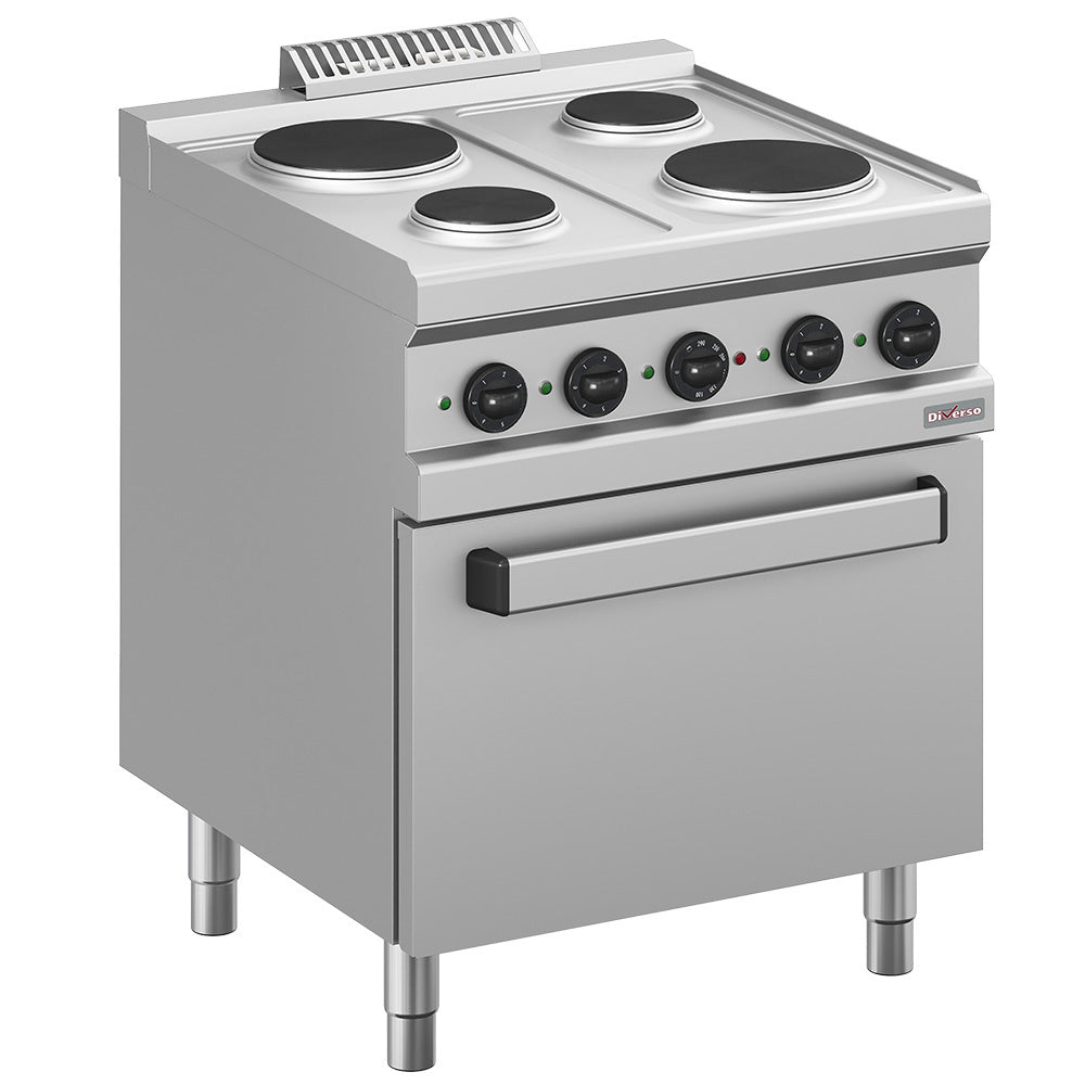 Cuisinière électrique, 4 assiettes rondes, sur un placard