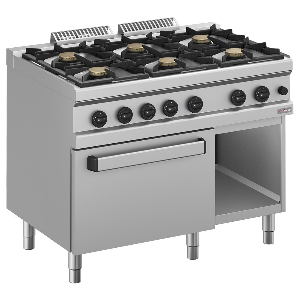 Cuisinière à gaz 6 brûleurs, sur placard ouvert