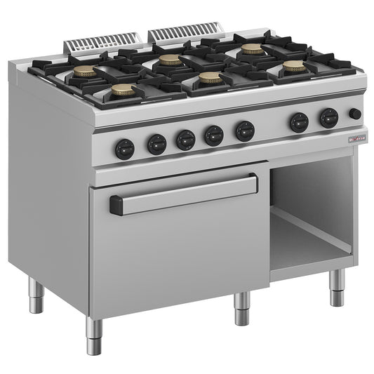 Cuisinière à gaz 6 brûleurs, sur placard ouvert
