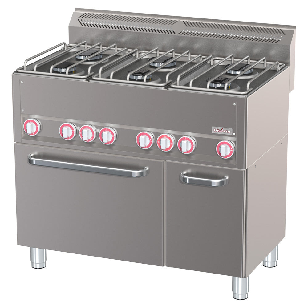 Cuisinière à gaz, 6 brûleurs, sur four à gaz GN 2/1 et placard