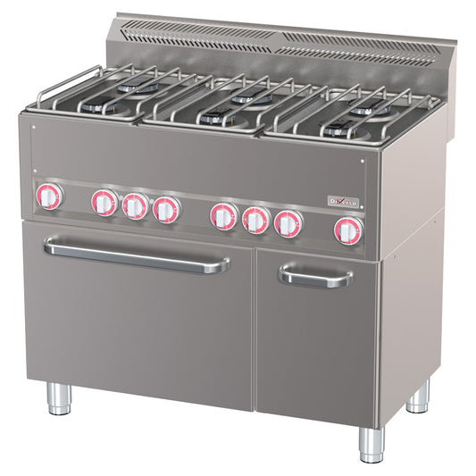 Cuisinière à gaz, 6 brûleurs, sur four à gaz GN 2/1 et placard