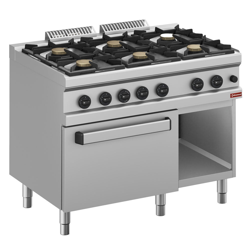 Cuisinière à gaz 6 brûleurs, sur placard ouvert