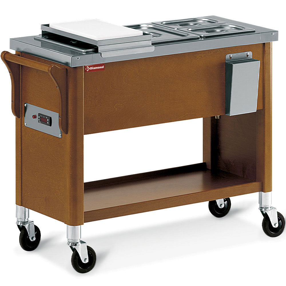 Chariot en bois, plateau bain marie 3x GN 1/1 WengÃ©
