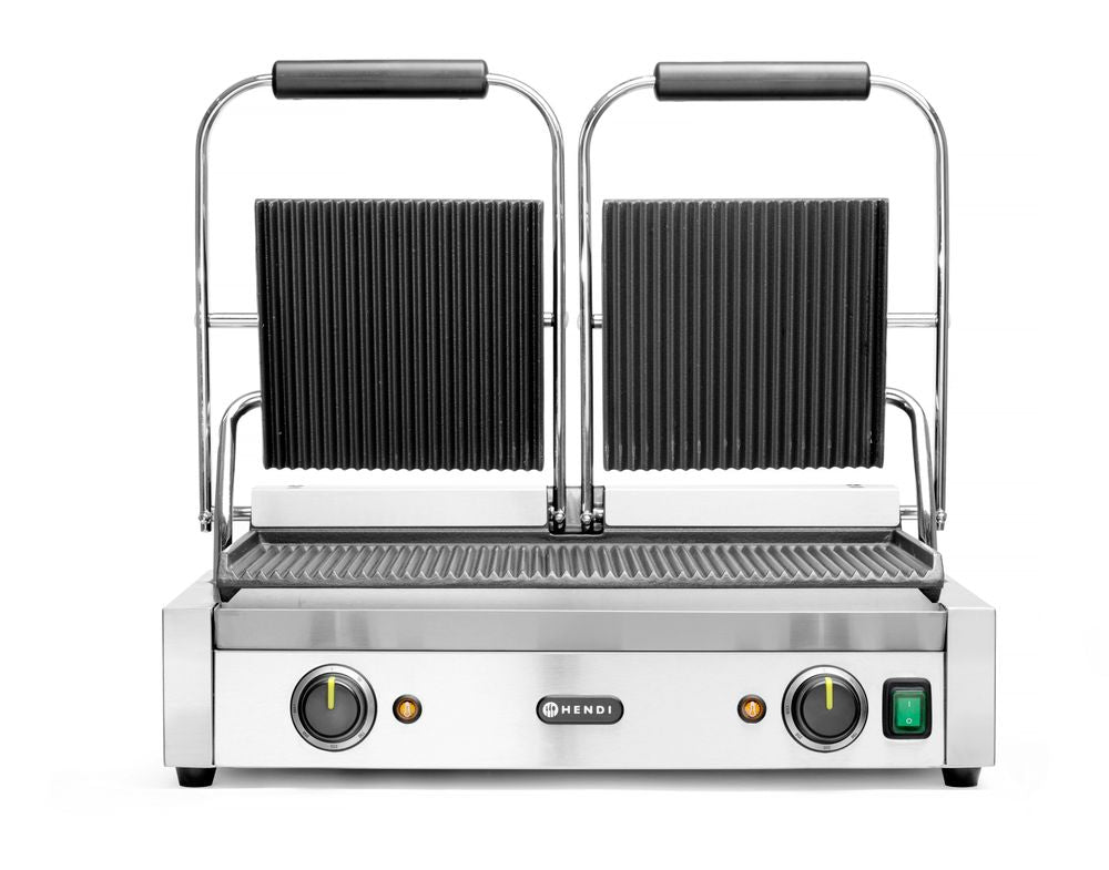 Grill de contact - modèle double, HENDI, dessus et dessous rainurés, 230V/3600W, 570x395x(H)510mm