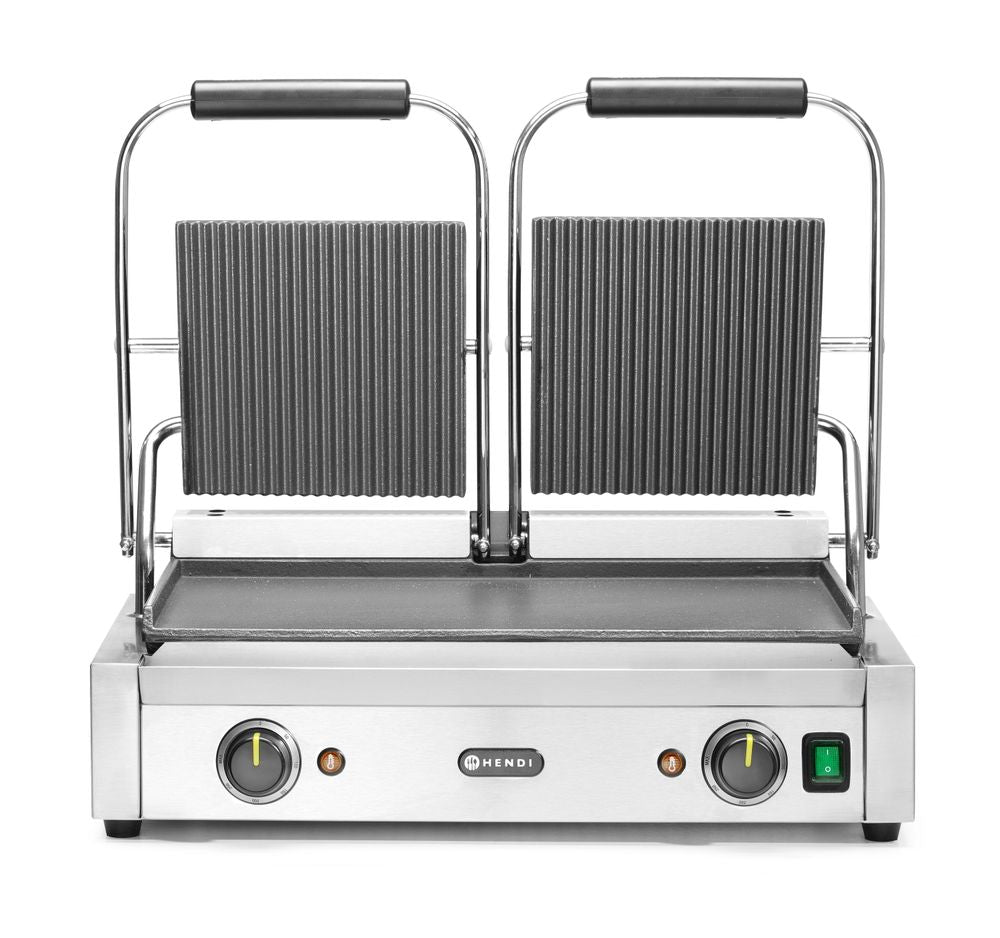 Grill de contact - modèle double, HENDI, dessus rainuré et dessous lisse, 230V/3600W, 570x395x(H)510mm