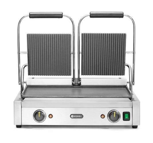 Grill de contact - modèle double, HENDI, dessus rainuré et dessous lisse, 230V/3600W, 570x395x(H)510mm