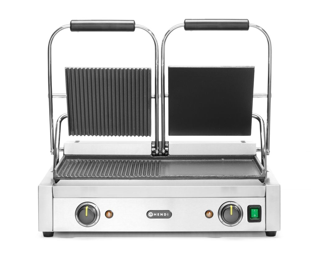 Grill de contact - modèle double, HENDI, moitié lisse, moitié rainuré, 230V/3600W, 575x430x(H)510mm