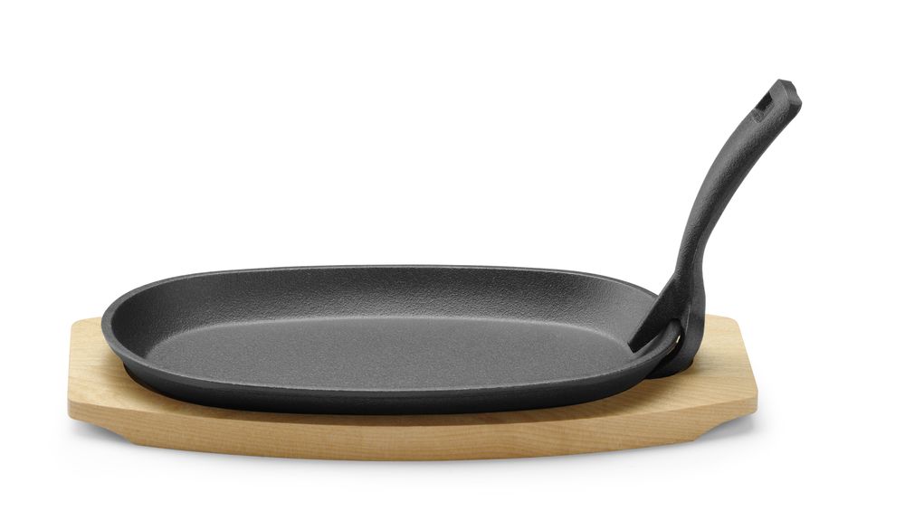 Plat en fonte avec dessous en bois et poignée avec pince, HENDI, Noir, 280x140x(H)30mm