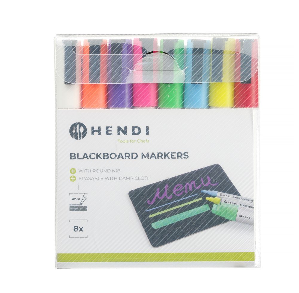 Feutres à craie 3 mm, HENDI, 1 blanc, 1 rouge, 1 bleu, 1 vert, 1 jaune, 1 violet, 1 orange et 1 rose