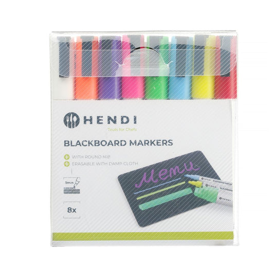 Feutres à craie 3 mm, HENDI, 1 blanc, 1 rouge, 1 bleu, 1 vert, 1 jaune, 1 violet, 1 orange et 1 rose