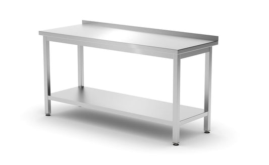 Table de travail murale avec dosseret et étagère - profondeur 600 mm, HENDI, Kitchen Line, 1600x600x(H)850mm