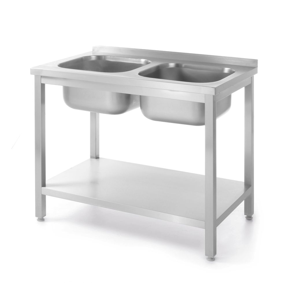 Table avec évier double et étagère Budget Line - vissée, HENDI, Budget Line, 1000x600x(H)850mm