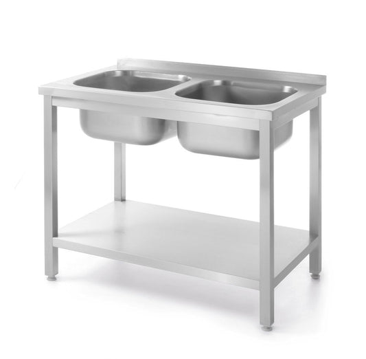 Table avec évier double et étagère Budget Line - vissée, HENDI, Budget Line, 1000x600x(H)850mm