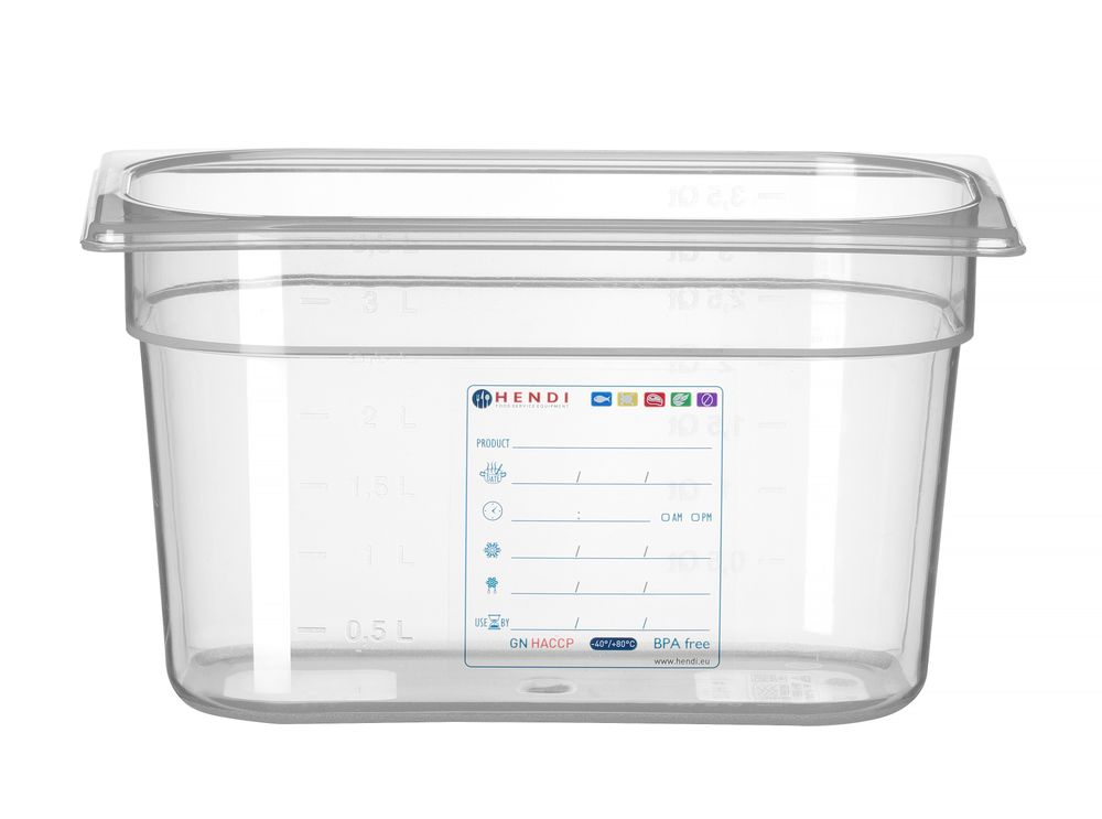 Bac Gastronorme 1/4, HENDI, GN 1/4, 4L, Transparent, 265x162x(H)150mm