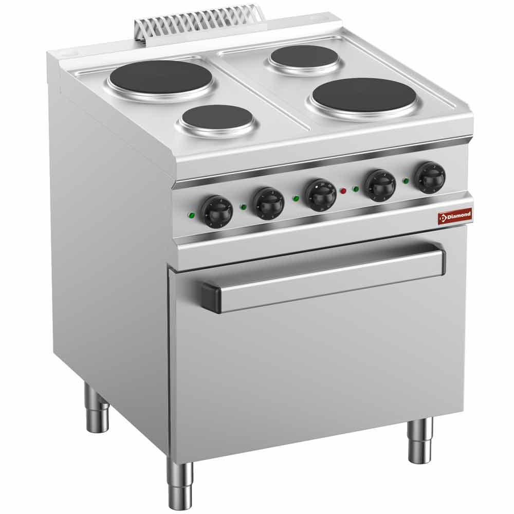 Cuisinière électrique, 4 assiettes rondes, sur un placard