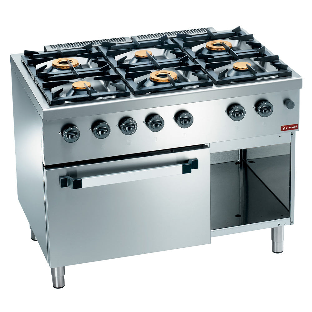 Cuisinière à gaz, 6 brûleurs, sur four à gaz GN 2/1 et placard