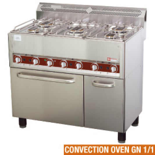 Cuisinière à gaz 5 brûleurs, sur un four à convection 4x GN 1/1